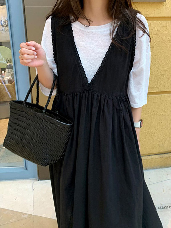 Casual Solid Color Split-Joint Pleated V-Neck Sleeveless Midi Strap Dress