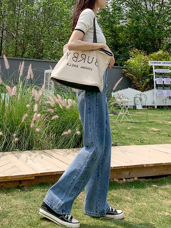 Simple High Waisted Wide Leg Jean Pants Bottoms