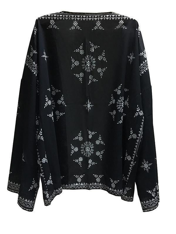 Beautiful Black Long Sleeve Printed Shawl Cover-up Tops