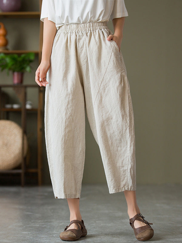 Simple Loose Linen Solid Color Split-Joint Pleated Drawstring Casual Pants