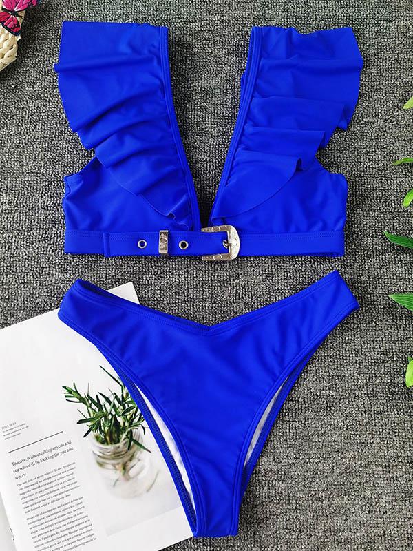 Sexy Flounces V-Neck Metal Buckle Split Bikini Swimsuit