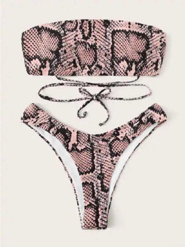 Sexy Strapless Bandage Snake Pattern Split Bikini Swimsuit