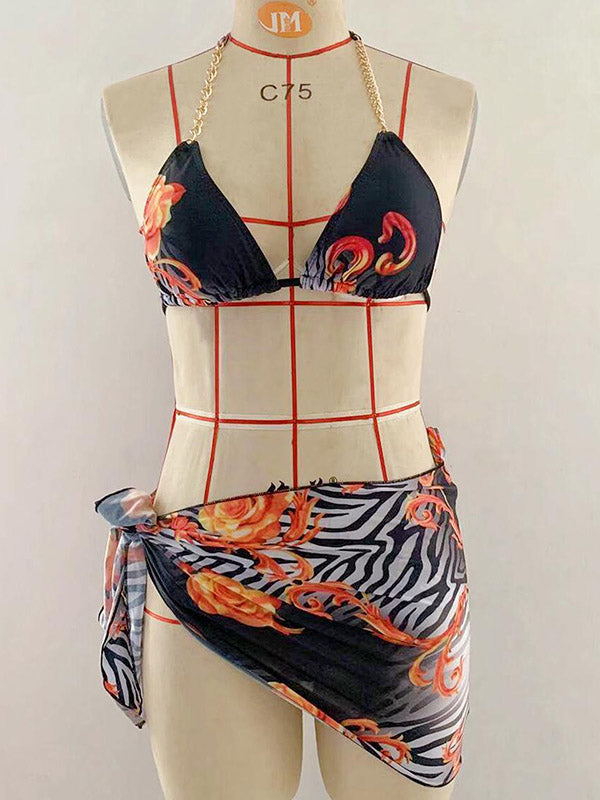 Floral Printed Beaded Decorated Triangle Bikini Swimwear