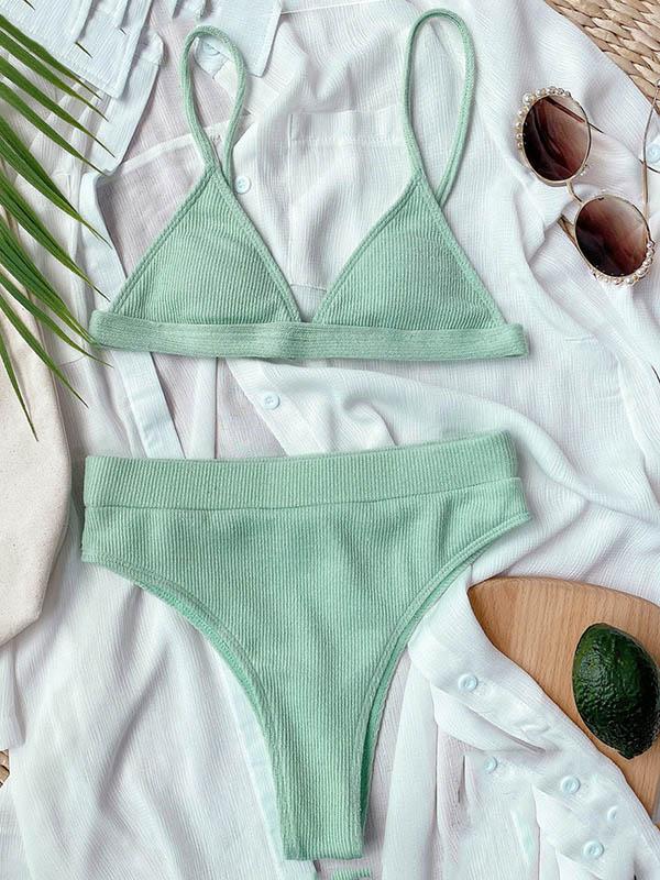 Solid Color Triangles Empire Split Bikini Swimsuit