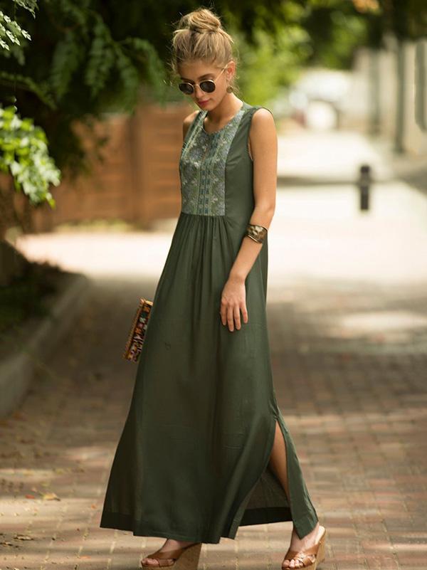 Bohemia Embroider Deep Green  Sleeveless Maxi Dresses