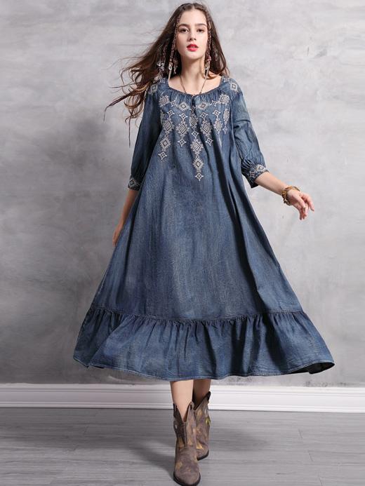 Plus Size Loose Embroidered Ruffled Midi Dresses