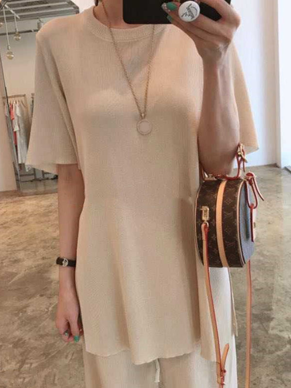 Casual Solid Color Split-Side Round-Neck Half Sleeves T-Shirt+Wide Leg Pants 2 Pieces Set