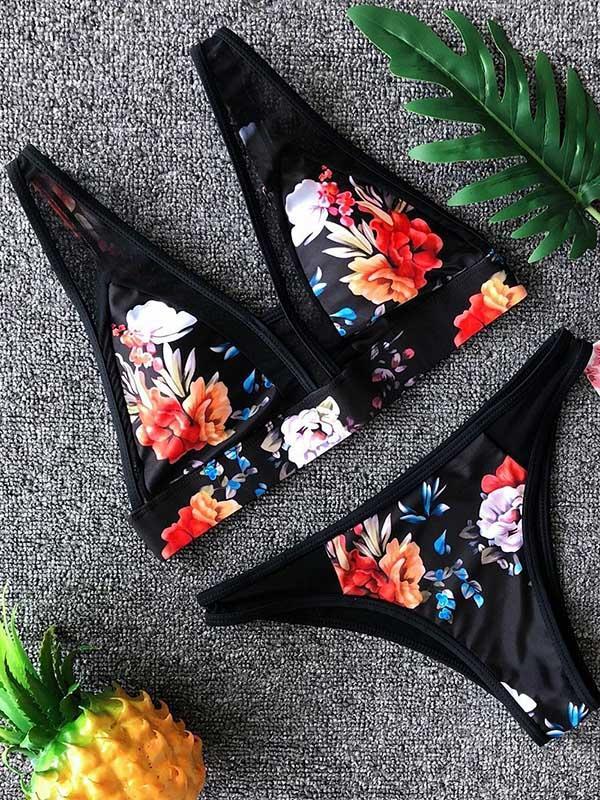 Flowers Printed Tulle Bikinis Swimwear