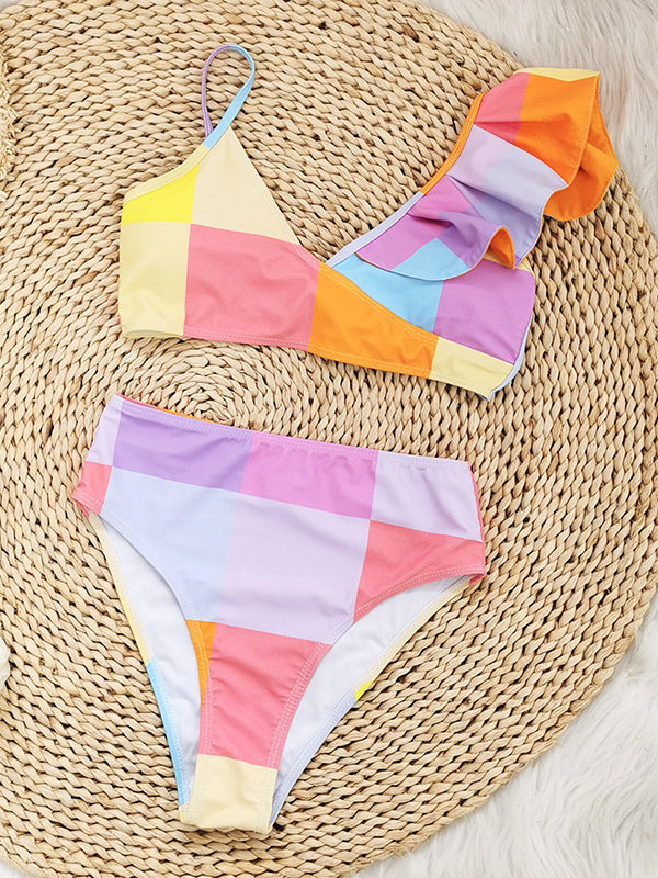 Three Pieces Falbala Color-Block One Shoulder Bikini Swimsuit