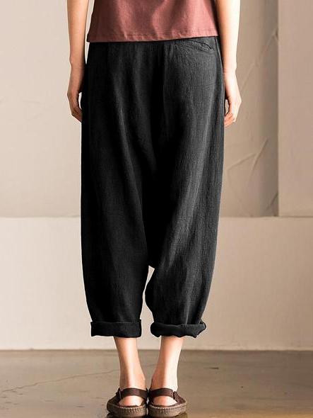 Loose Solid With-pockets Linen Harem Pants