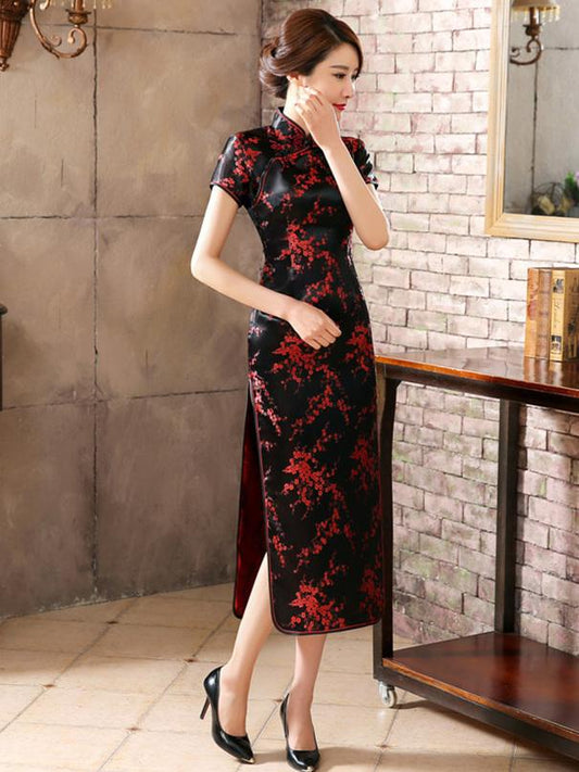 Black Red-flower Print Split-side Long Cheongsam