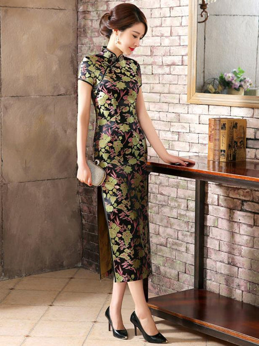 Black Floral Print Split-side Long Cheongsam Dress