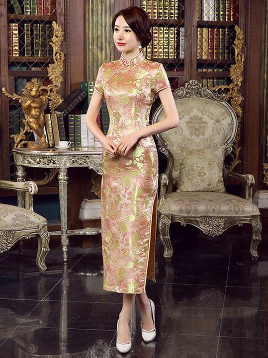 Khaki Floral Print Split-side Long Cheongsam Dress