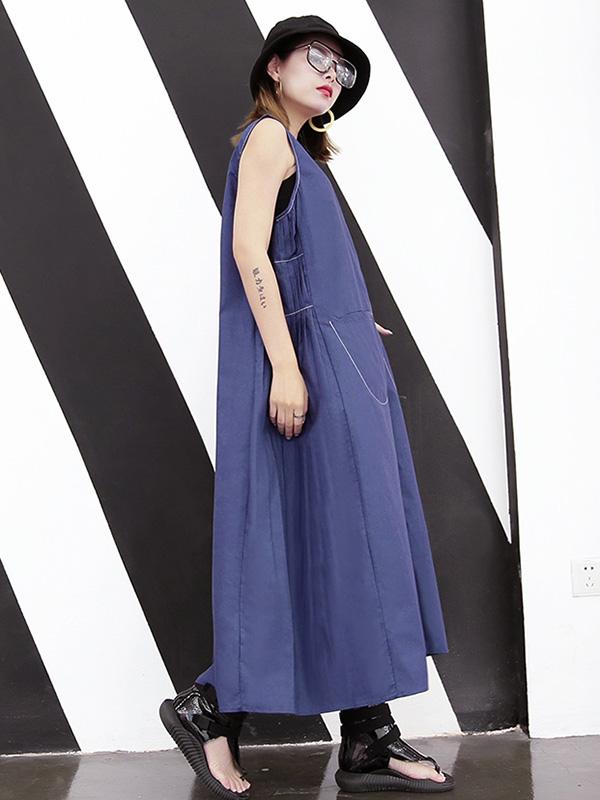 Loose Blue Big Pocket Vest Long Dress