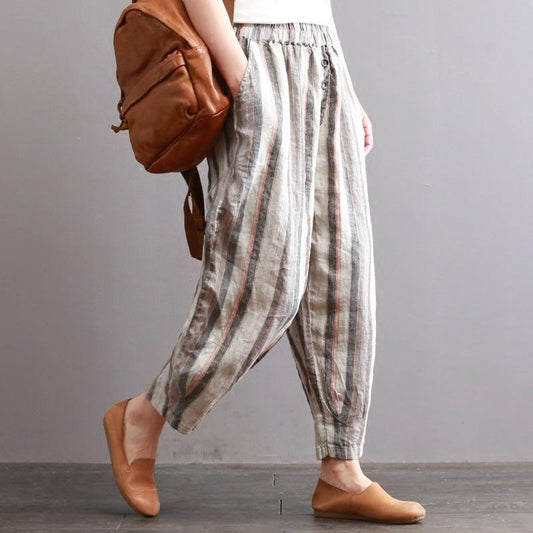 Cotton Linen Striped Casual Ankle-Length Harem Pants