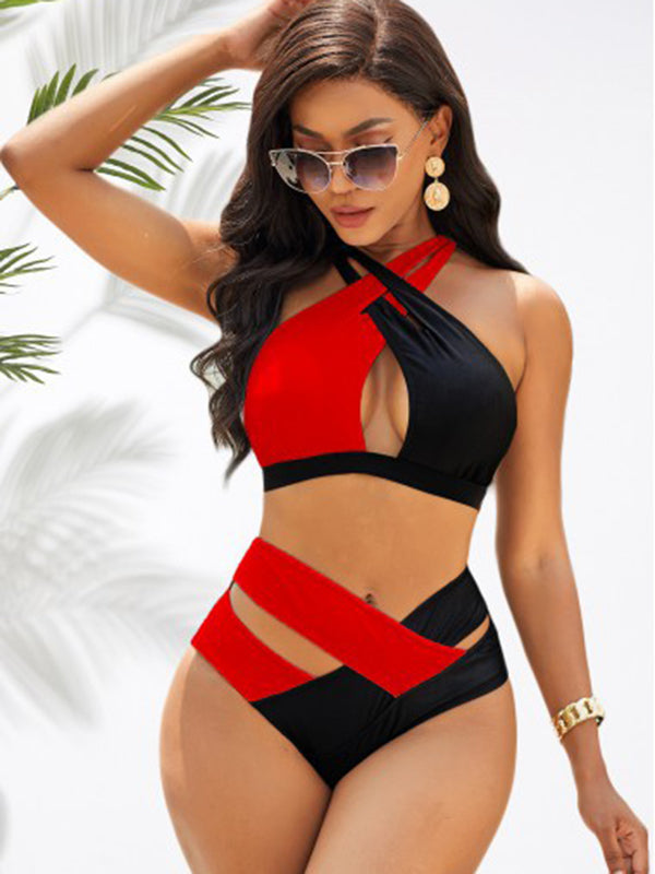 High Waisted Hollow Red Black Contrast Color Bikini Swimsuit