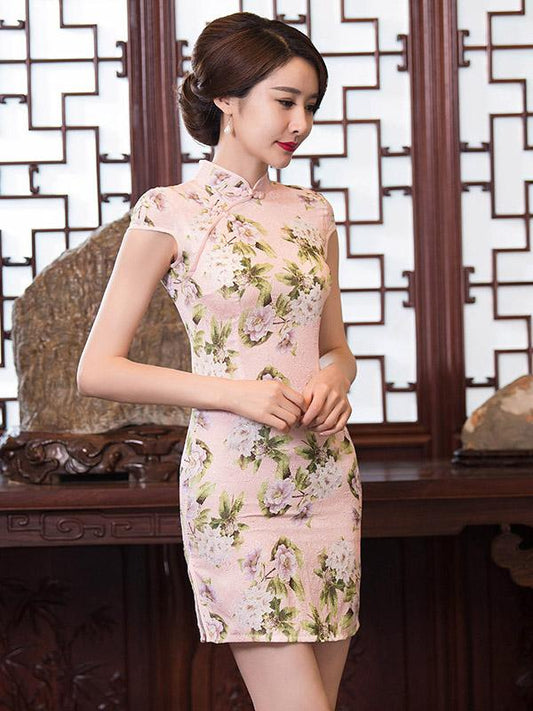 Size S Jacquard Flower Print Short Cheongsam