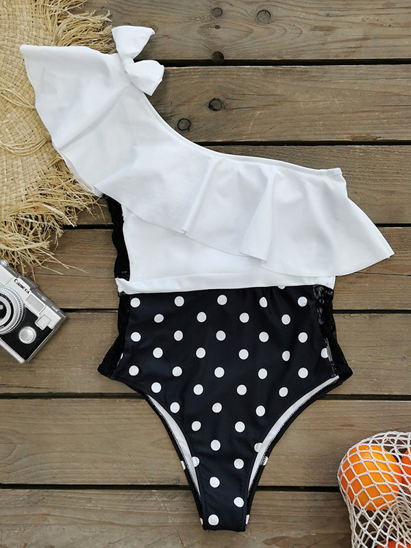 Polka Dot Bow-Embellished Falbala One Shoulder One-Piece Swimsuit