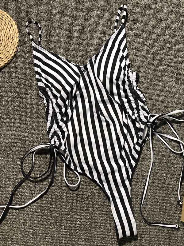 Ruched Lace Up One Piece Swimsuit