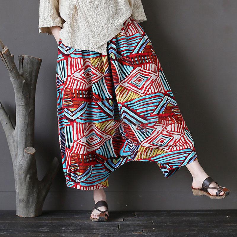 Summer Retro Printed Loose Low Crotch Cotton Pants