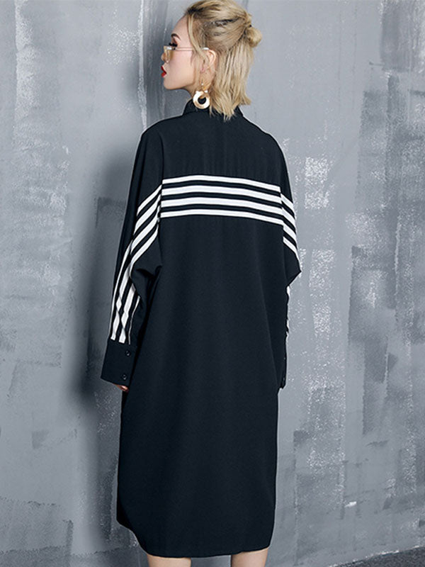 Loose Split-joint Striped Lapel Shirt Dress