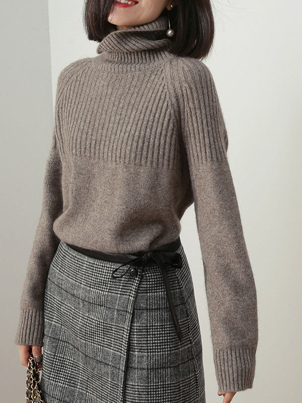 LOOSE HIGH-NECK HIGH-LOW SOLID CASUAL SWEATER