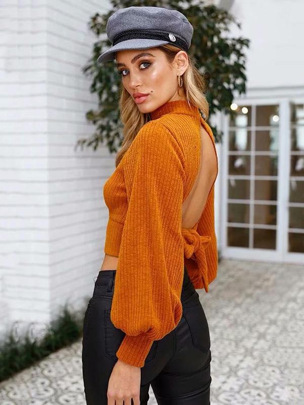 Hollow Backless Bowknot Puff Sleeves Sweater Tops