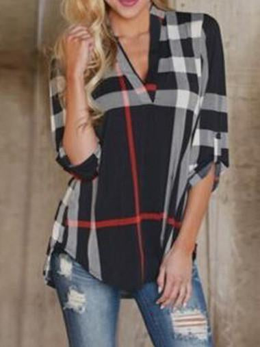 Popular Fashion Gingham V Neck 3/4 Sleeve Loose T-Shirt Tops