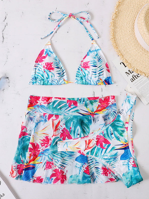 Leaf Printed Halterneck Tied Bikini Swimsuit Three Pieces Set