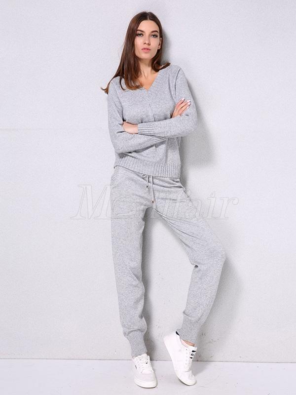 Solid Drawstring Knitting Sweater Sports Suits