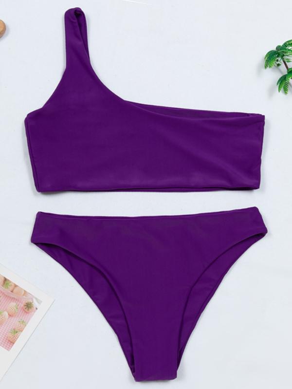 Sexy Single Shoulder Solid Color Split Bikini Swimsuit