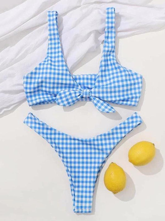 Plaid-Print Knotted Split Bikini Swimsuit