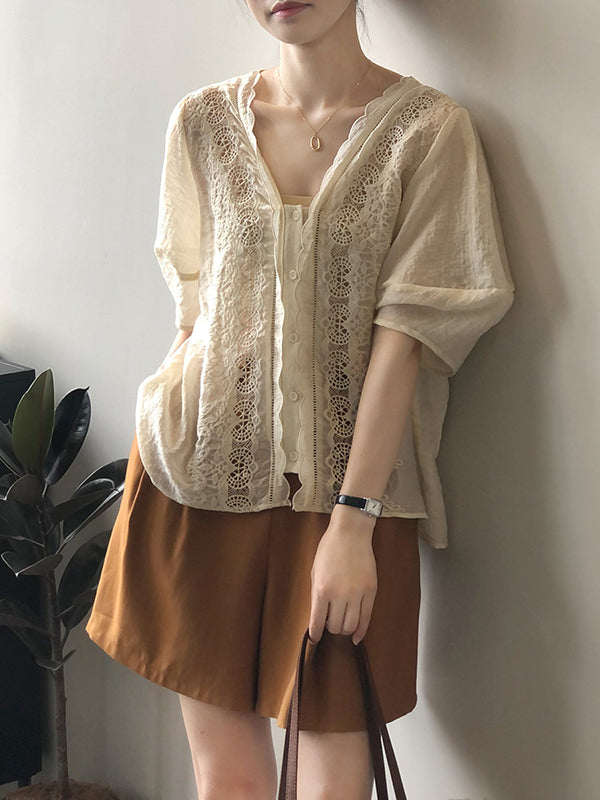 Vintage Embroidered Hollow Puff Sleeves Falbala Blouse