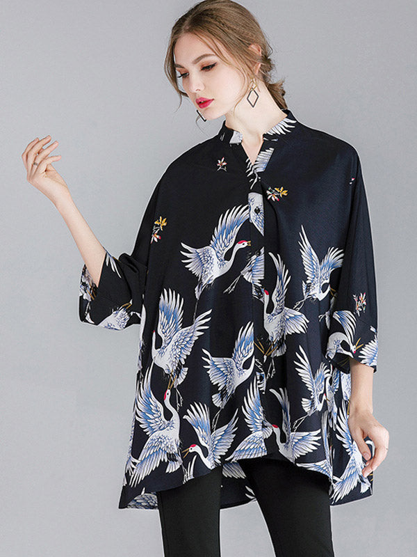 Original Crane Printed Buttoned Stand Collar Half Sleeves Blouse