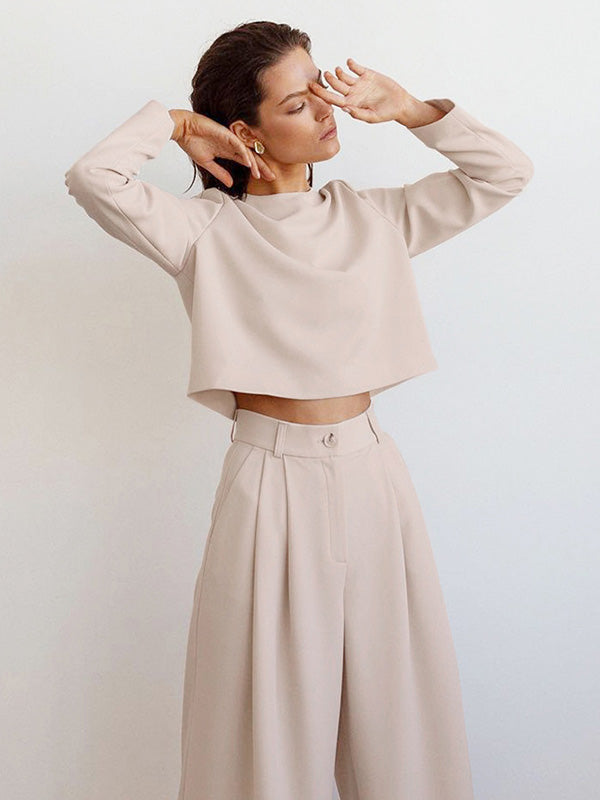 Casual Solid Color Round-Neck Long Sleeves T-Shirt+Wide Leg Pants 2 Pieces Set