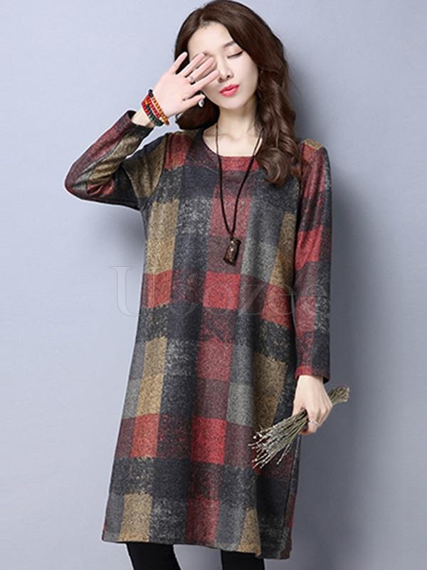 Retro Plaid Thicken Woolen Mini Dress