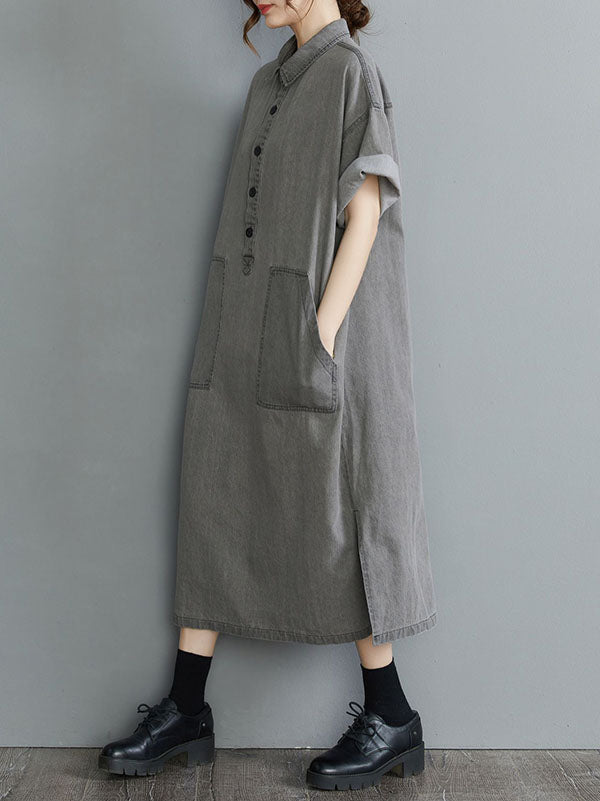 Artistic Retro Split-Joint Lapel Short Sleeves Loose Shirt Dress