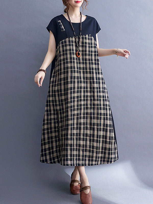 Vintage Plaid Split-Joint Round-Neck Midi Dress