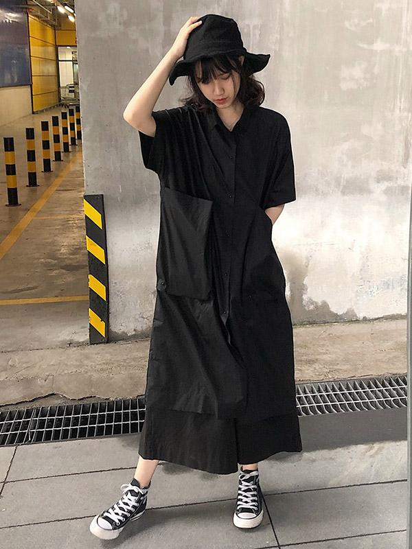 Original Loose Oversize Solid Black Blouse Dress