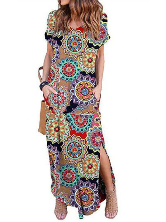 8 Colors Printed Midi Dresses with Side Slit