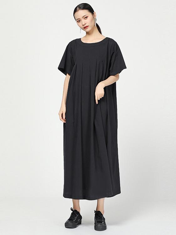 Ramie Loose Solid Round-neck Long Dress