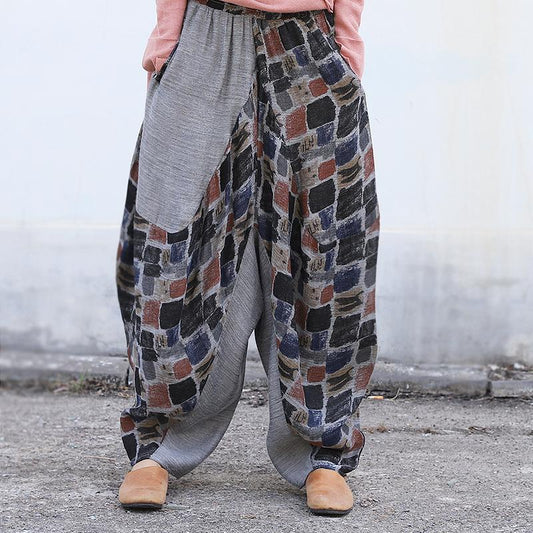 Buykud Spliced Colored Plaid Loose Harem Pants