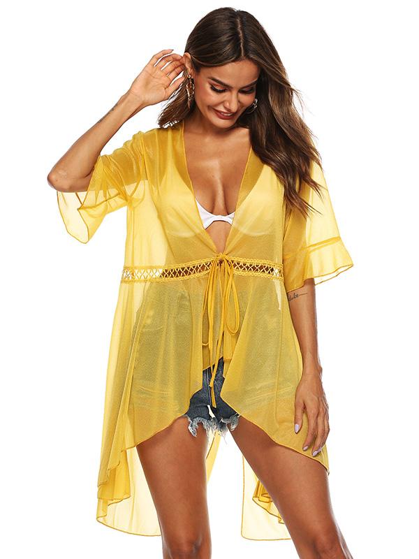 Sexy Solid See-through Lace-up Beach Cover-Up