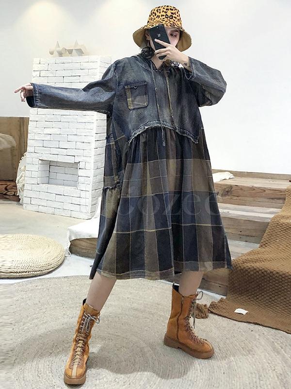 Vintage Plaid Split-joint Hoodie Midi Dress