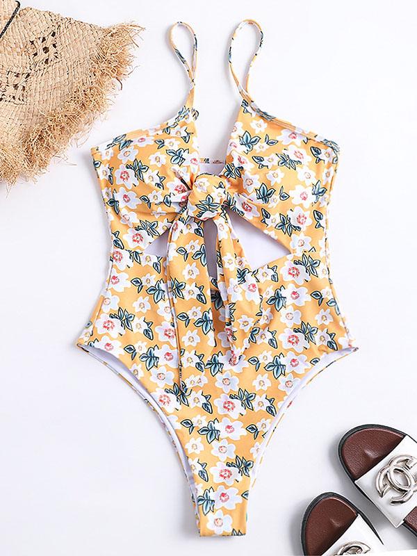 Printed Spaghetti-neck Knot One-piece Swimsuit