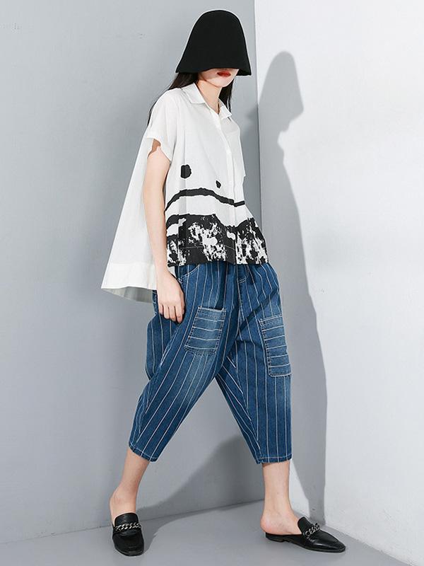 Striped Elastic Waist Design Harem Pants