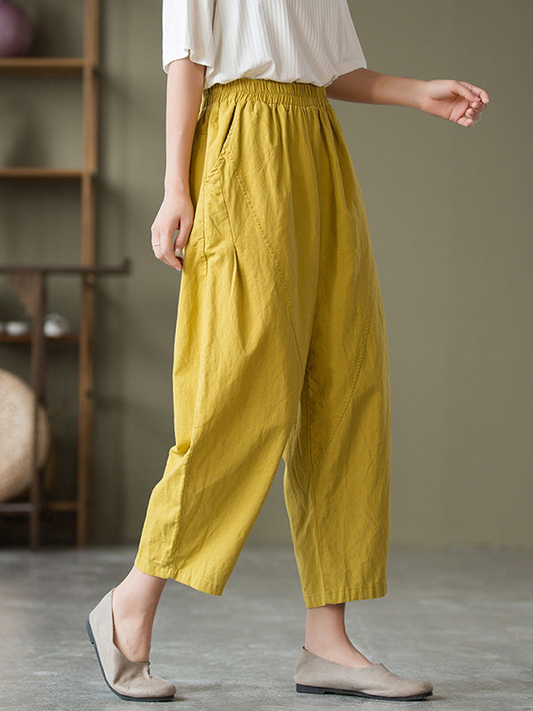 Simple Loose Linen Solid Color Split-Joint Pleated Drawstring Casual Pants