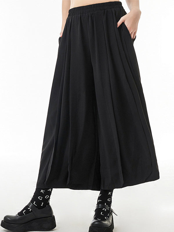 Casual Elasticity Waisted Solid Color Wide Leg Pleated Pants