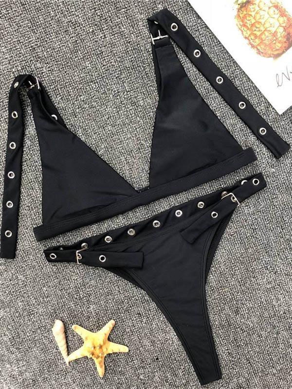 Metal-circle Adjustable Solid Bikinis Swimwear