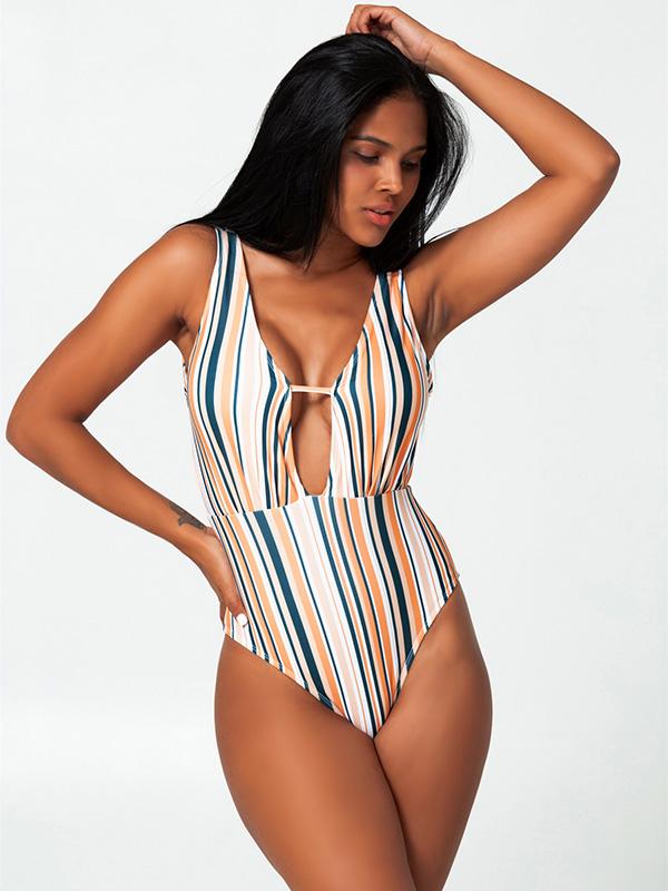 Sexy Deep V-Neck Hollow Stripes One-Piece Bikini Swimwear